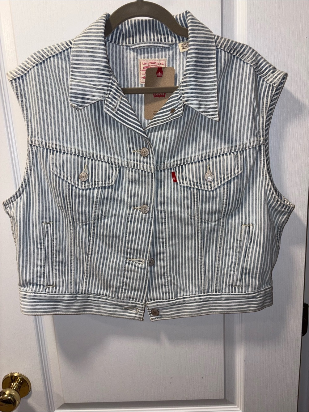 Levi's White and Blue Striped Denim Vest